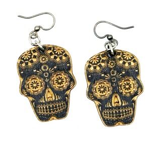 Day of the‎ Dead Sugar Skull Wooden Earrings Laser Etched Dangle Pair